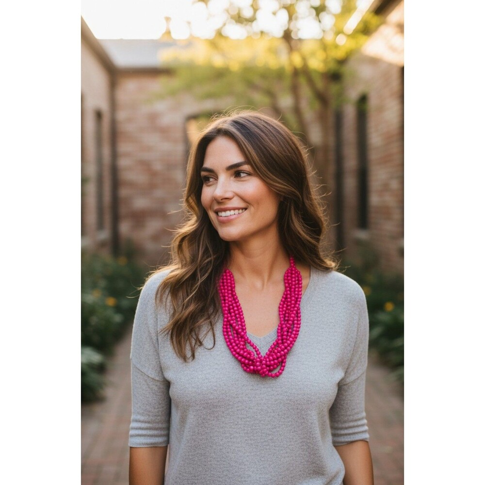 Pink Multi Strand Beaded Necklace Statement Chunky Layered Bold Fashion Jewelry - Picture 2 of 4